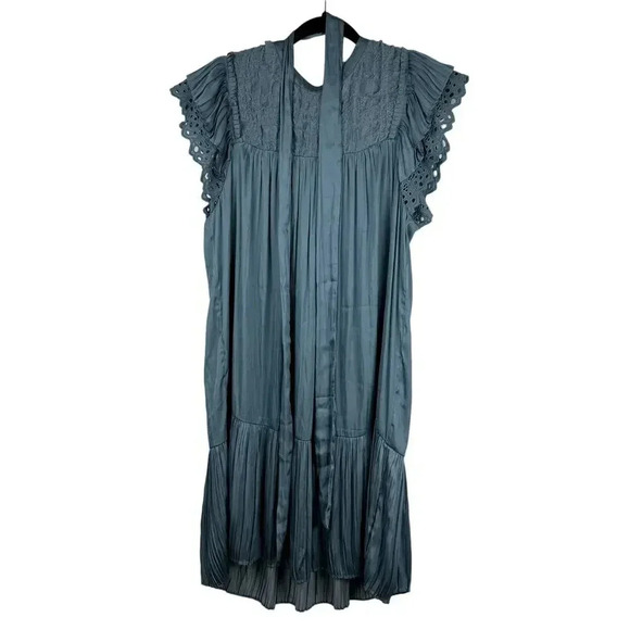 NWOT‎ Current Air Flutter Sleeve Mini Dress Large Blue Pleated Peasant Doll Tie - Picture 1 of 8